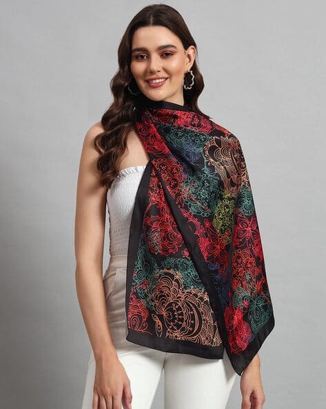 Women Butterfly Printed Satin Silk Scarf