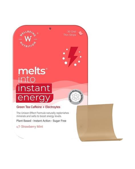 Wellbeing Nutrition Melts Instant Energy 100 Plant Based Green Tea Caffeine Essential Electrolytes and Vitamins - 30 Strips
