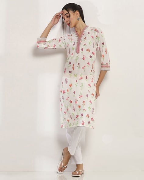 Women Floral Print Cotton Straight Kurta