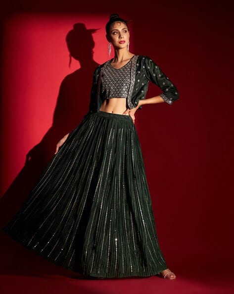 MADHURAM TEXTILES Women Embroidery Flared Lehenga Choli Set with Jacket