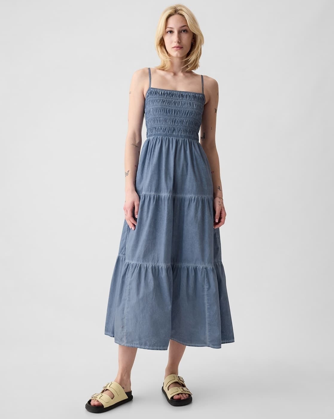 Tiered Woven Square-Neck Strappy Dress