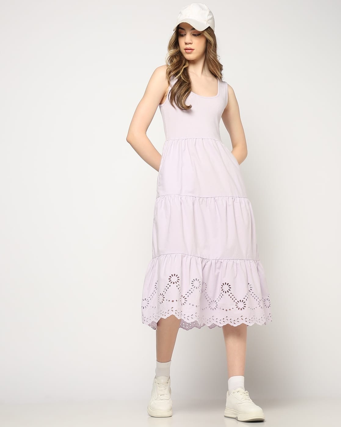 Women Sleeveless Round-Neck Solid Dress with Eyelets