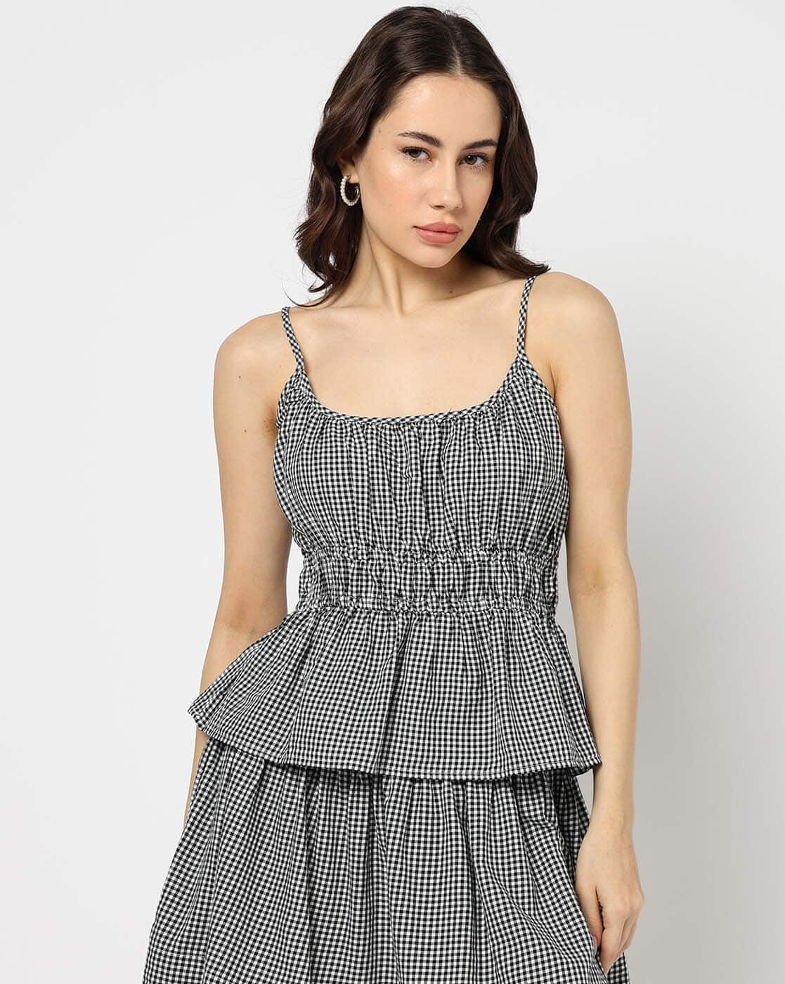 Women Gingham Sleeveless Smocked Tank Top with Eyelets