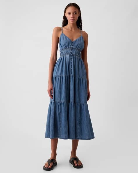 gap denim maxi dress NWT x LoveShackFancy Tiered Chambray Exposed zipper and smocked panel at back bodice gap denim maxi dress Women's