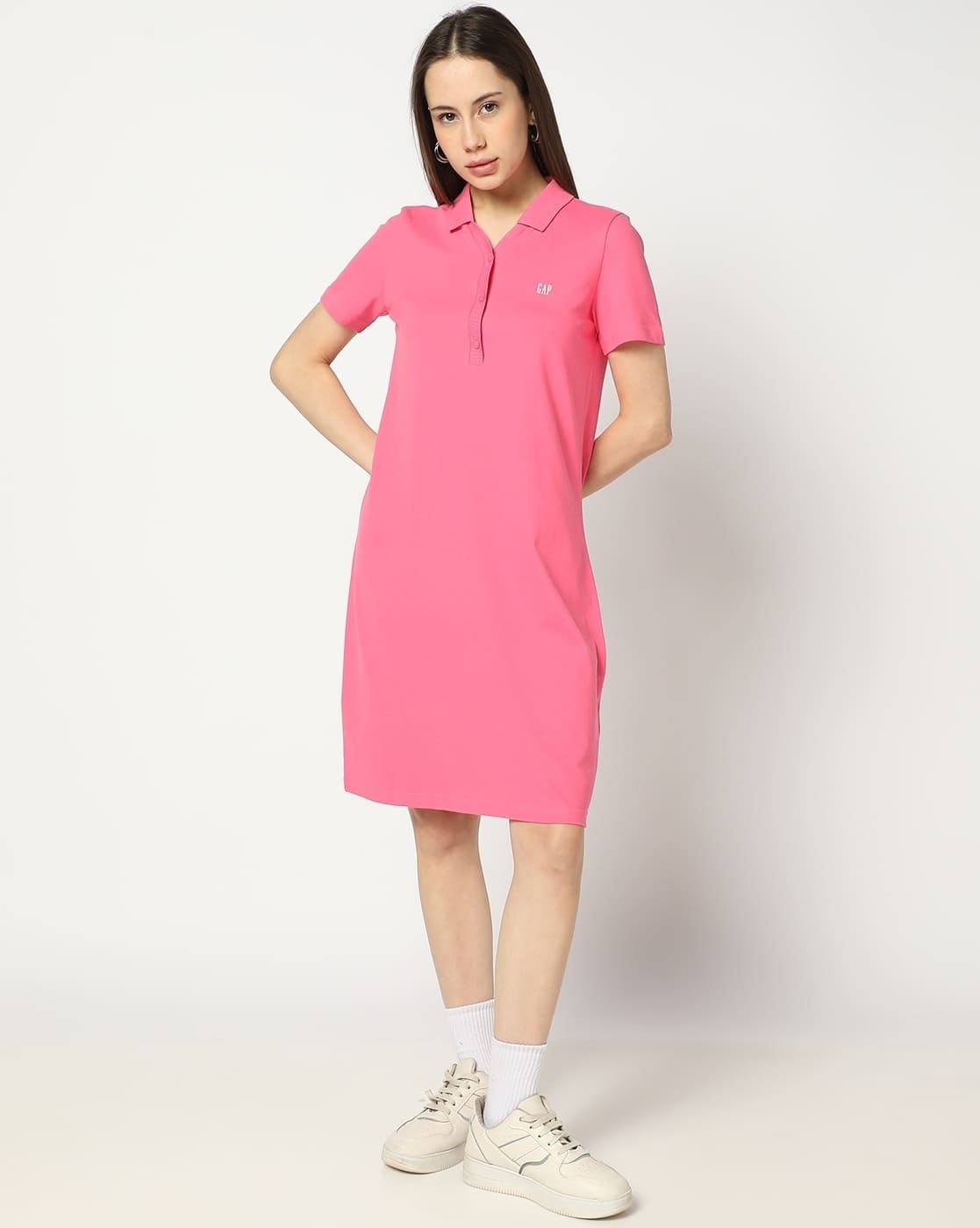 Women Solid Polo Neck Midi Dress with Logo Embroided