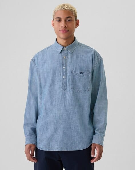 Men Long Sleeve Denim Shirt with Embroided Logo - Main Image