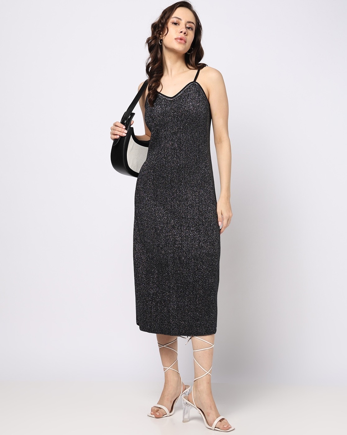 Women Solid Strappy Knitted Midi Dress