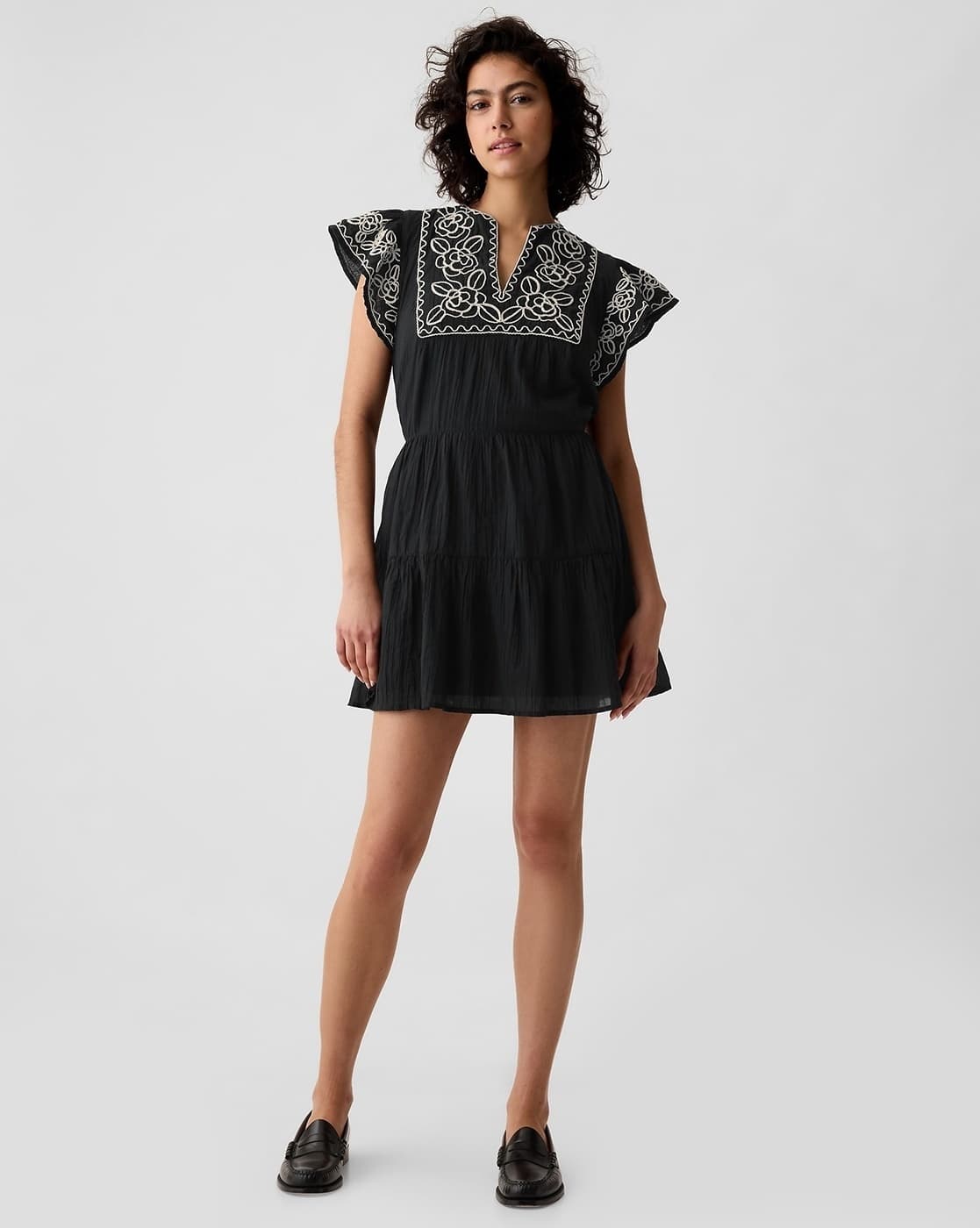 Embroidered V-Neck Mini Dress with Short Sleeves