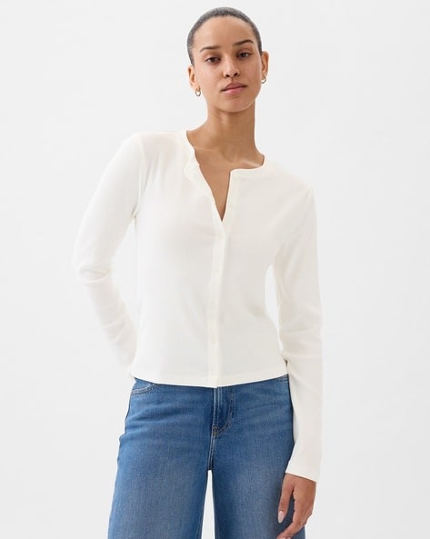 GAP Women Full Sleeves Knitted Top with Buttoned Front