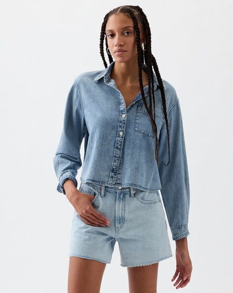 Long Sleeves Cropped Button-Down Denim Shirt