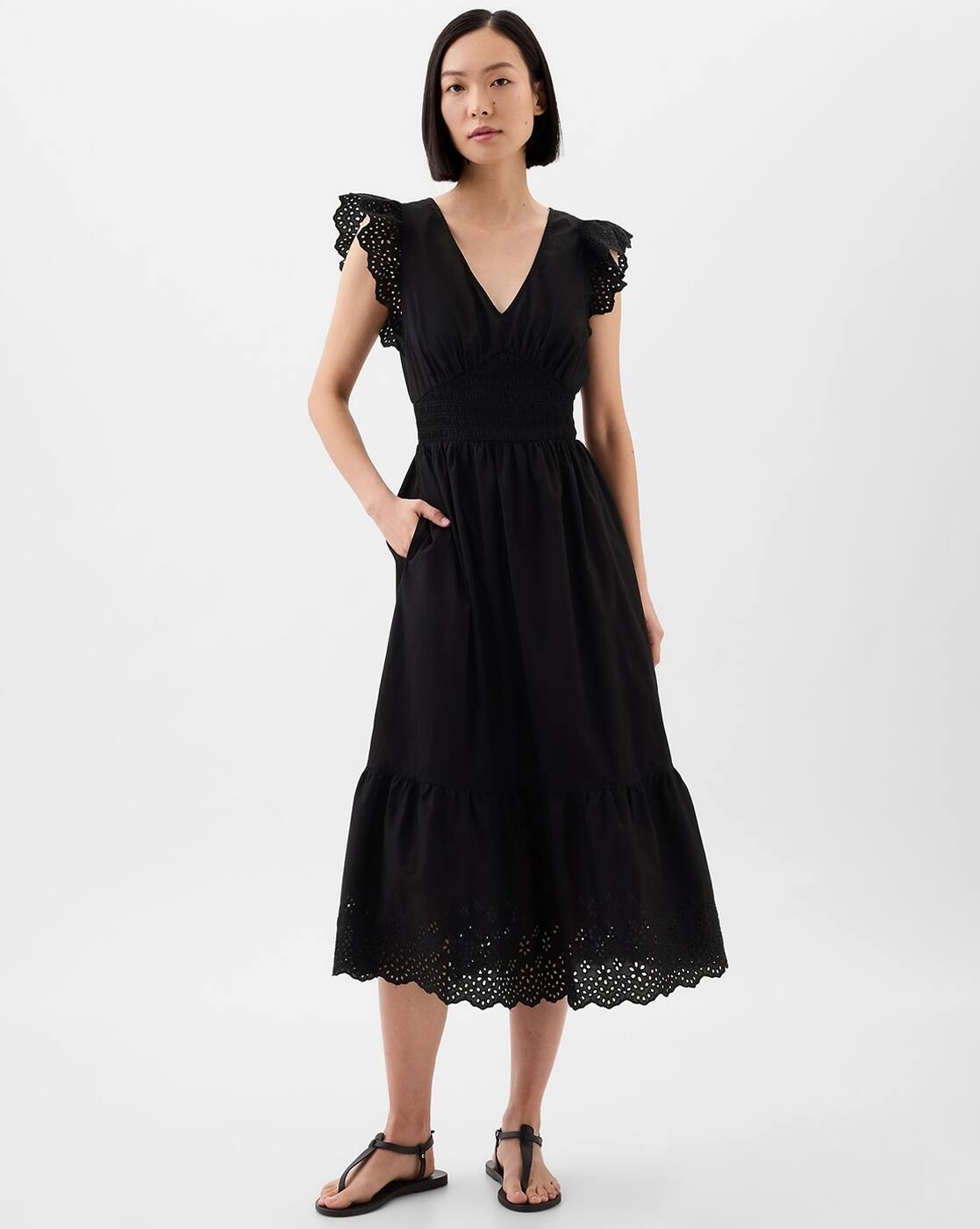 V-Neck Flutter Sleeve Midi Dress with Eyelets