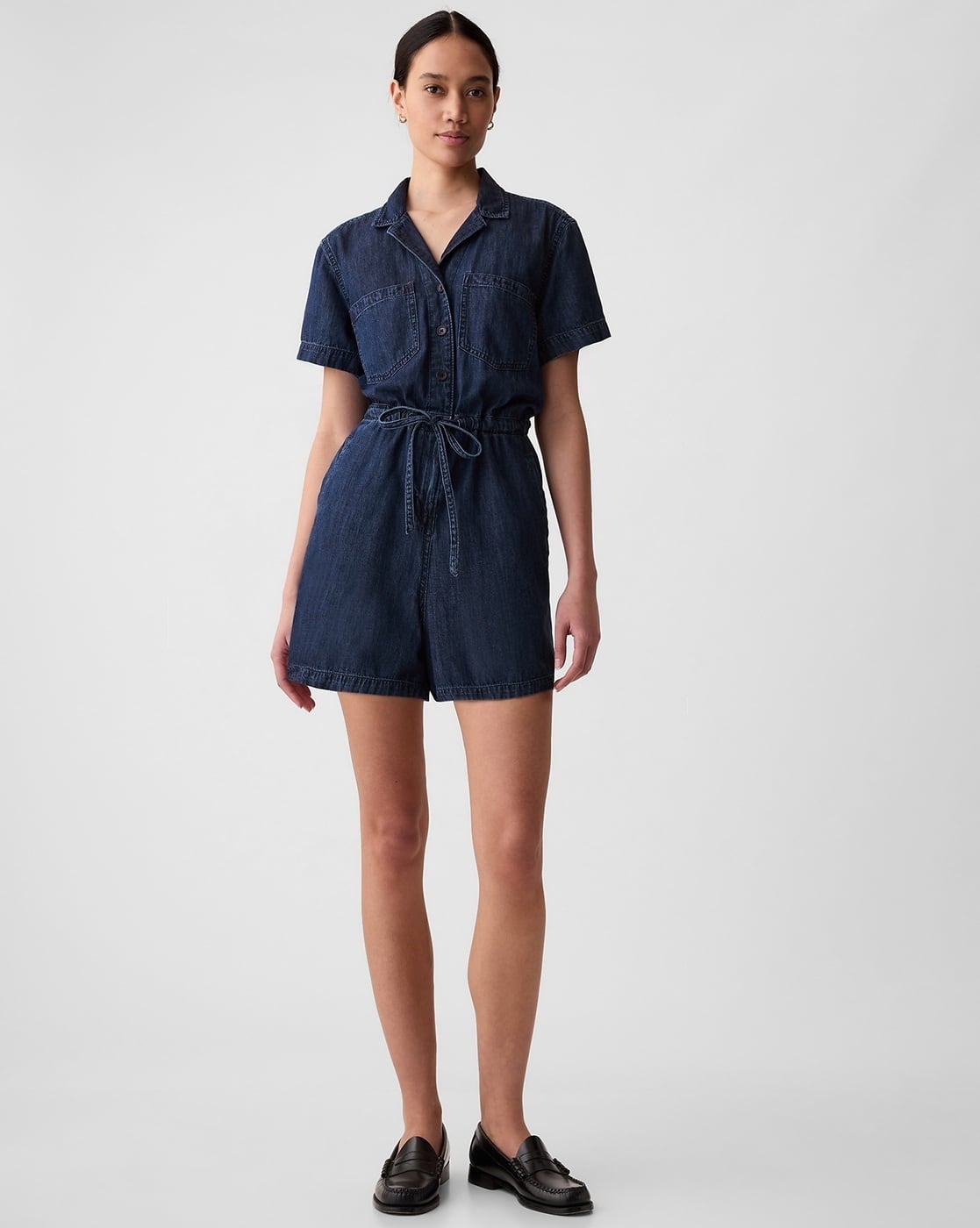 Chambray Washed Denim Puff Sleeves Romper
