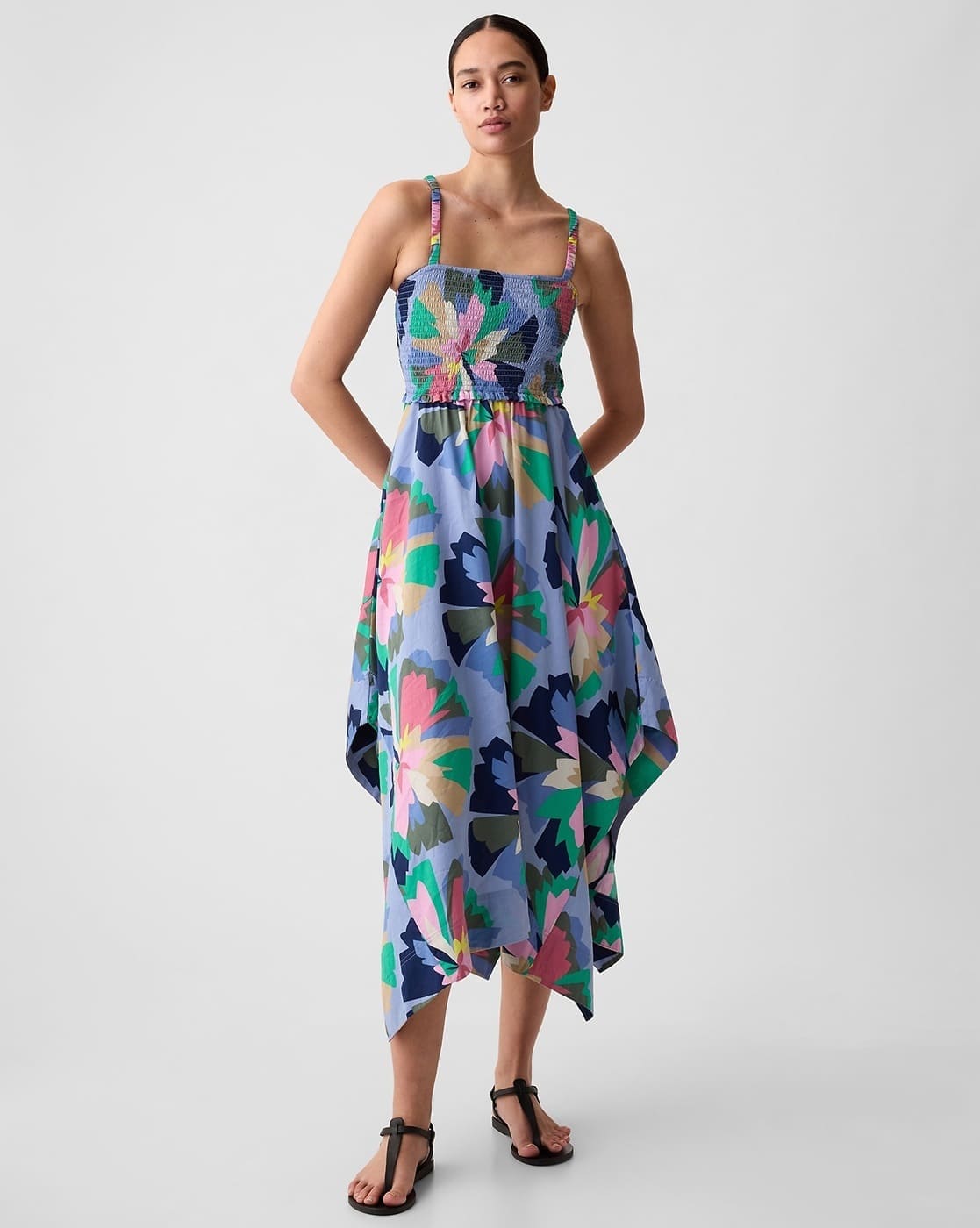 Women Floral Print Fit & Flare Midi Dress with Handkerchief Hem