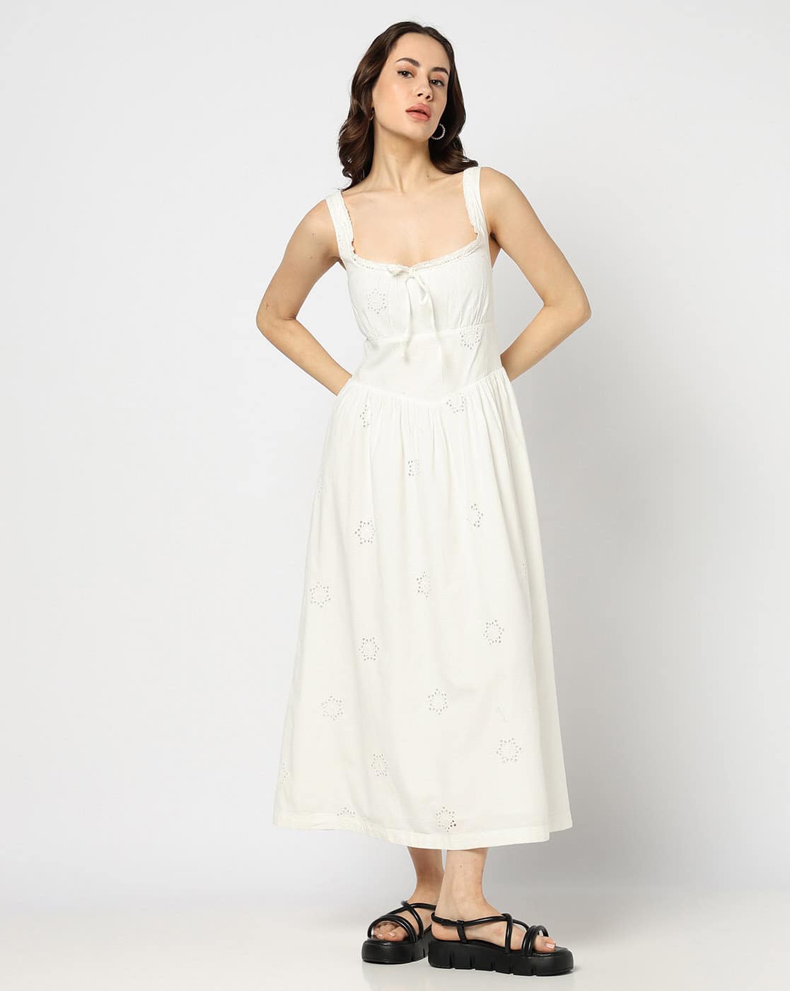 Women Schiffli Embroidered Square-Neck Fit & Flare Dress