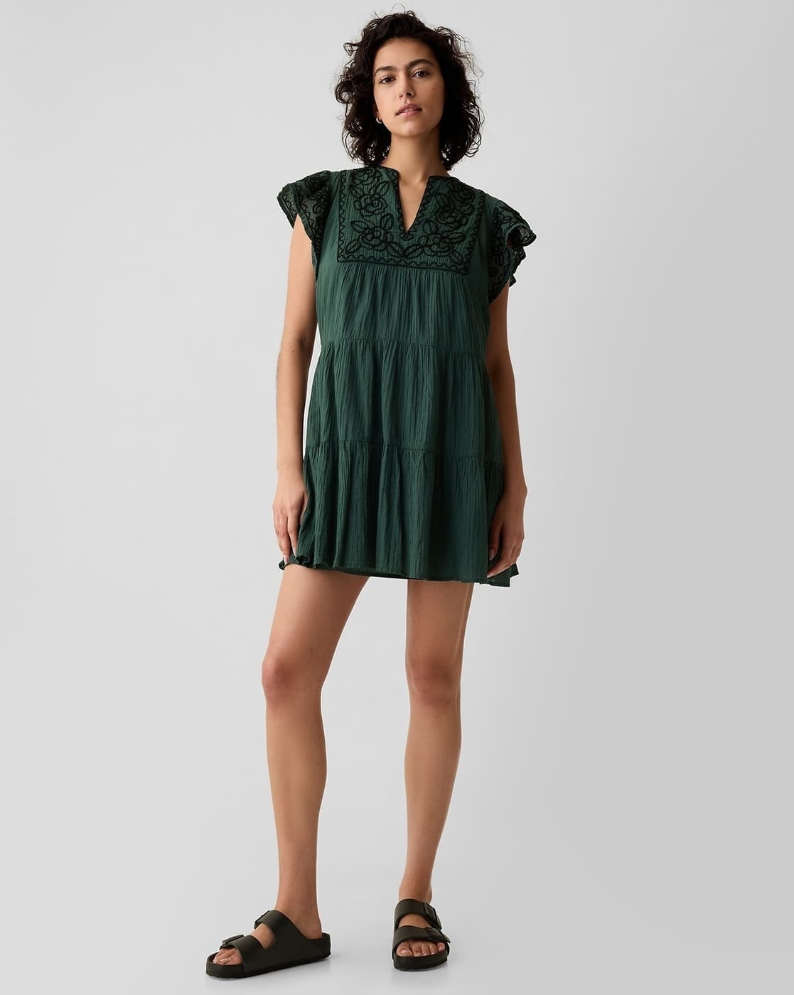 Embroidered V-Neck Mini Dress with Short Sleeves
