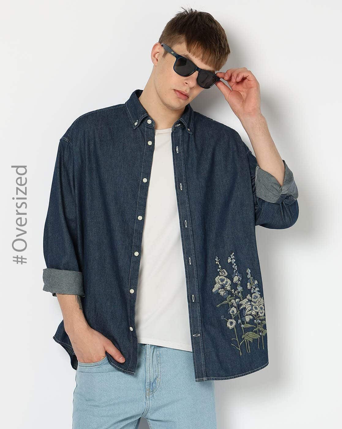 Men Embroidered Oversized Denim Shirt