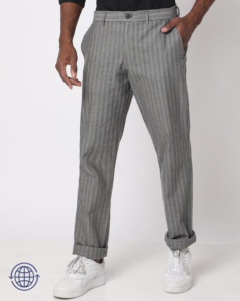 Men Striped Flat-Front Slim Fit Trousers