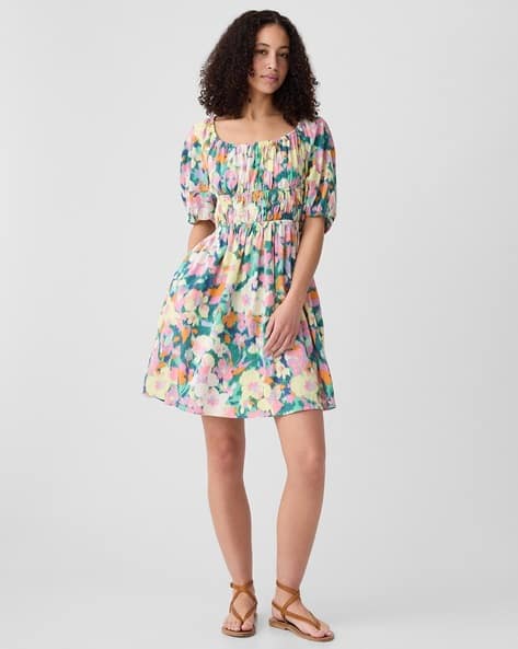 Floral Printed Scoop-Neck Smocked Mini Dress
