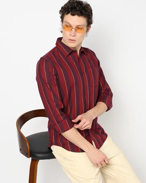 Ajio Gap Red Shirt Striped Button-Down Full-Sleeves Poplin Shirt