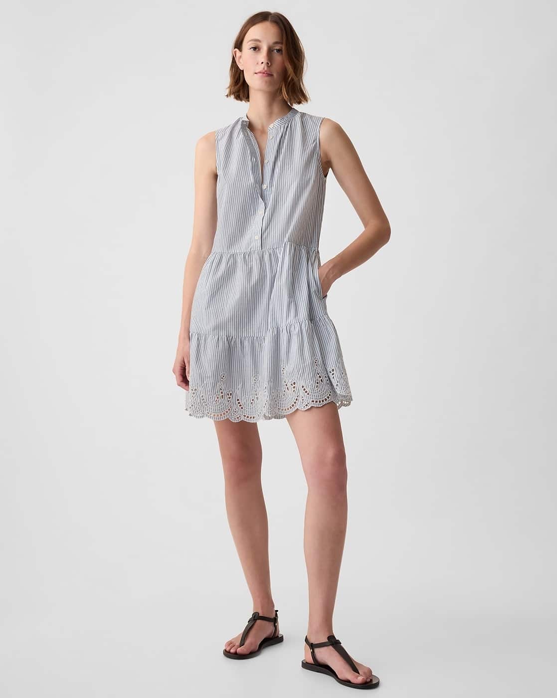 Tiered Sleeveless Shirt Dress with Eyelet Hem Detail