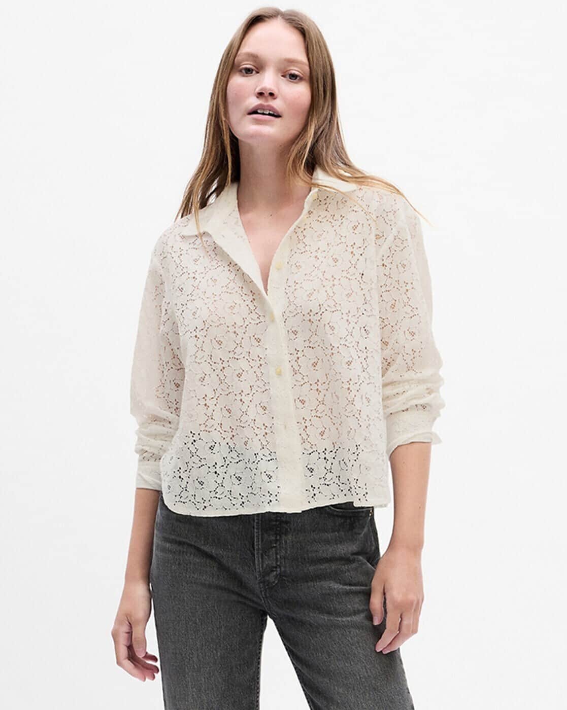 Sheer Relaxed Fit Button Down Lace Shirt