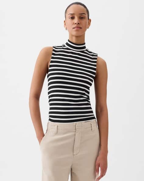 Women Striped Fitted Mock-Neck Top