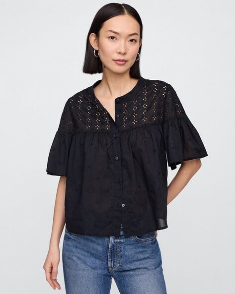 Women Schiffli Embroidered Relaxed Fit Cotton Top