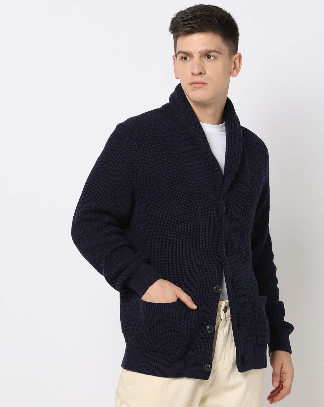 Men Ribbed Shawl Cardigan