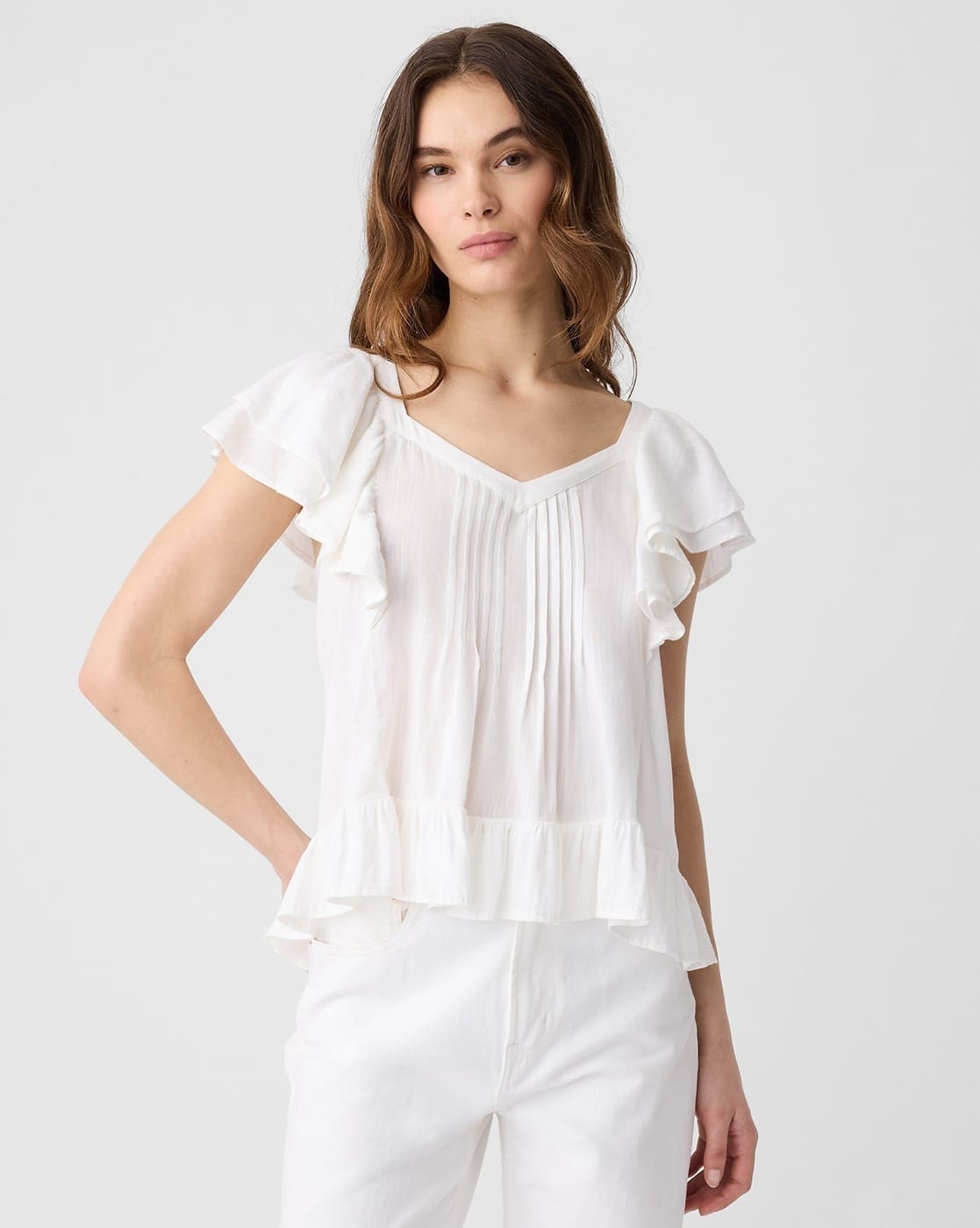 Pintuck V-Neck Ruffle Sleeves Top