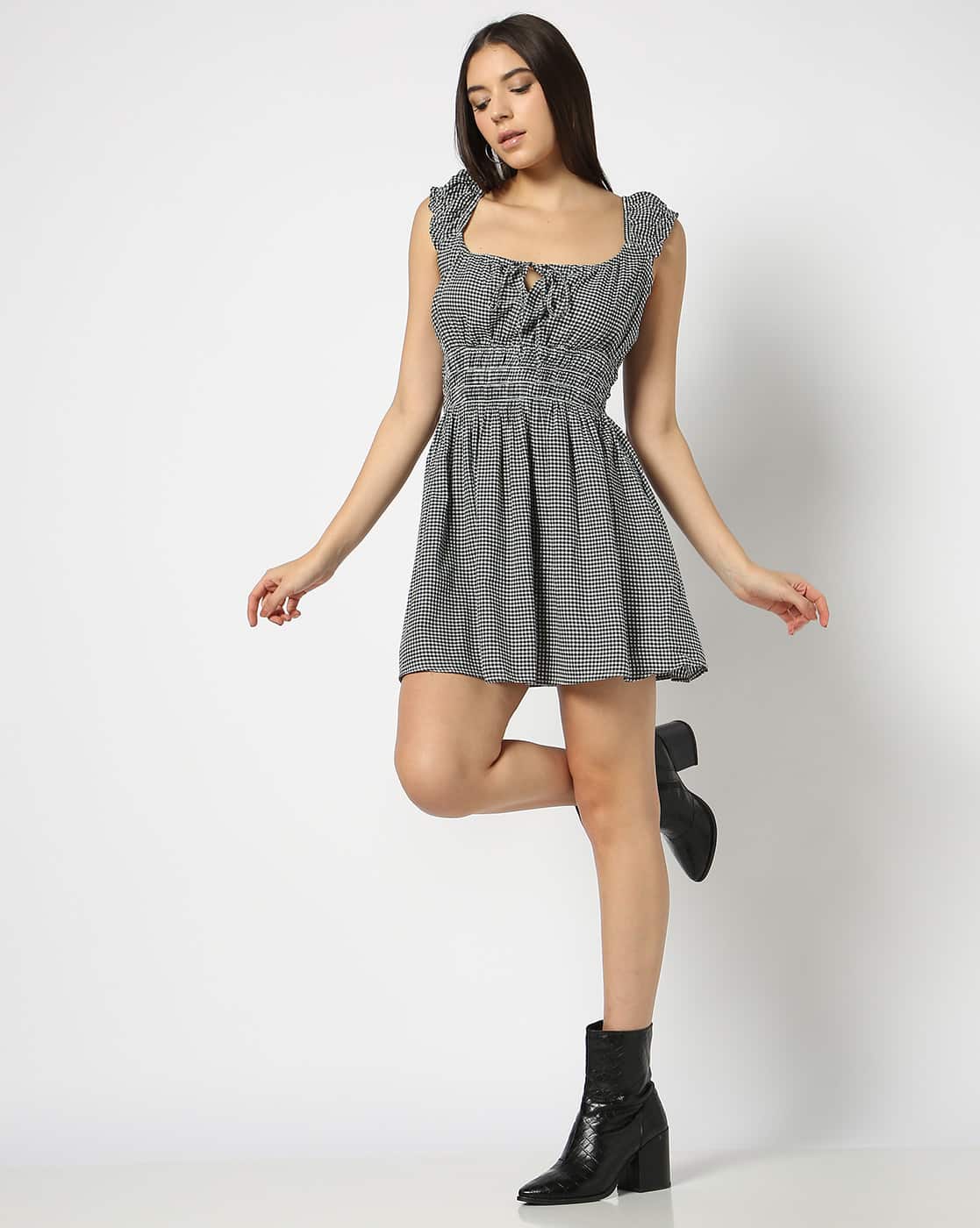 Women Checked Smocked Fit & Flare Mini Dress