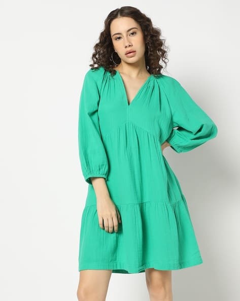 Women V-Neck Long-Sleeves Mini Dress