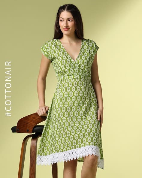 Acai Women Floral Print A-Line Dress with Waist Tie-Up