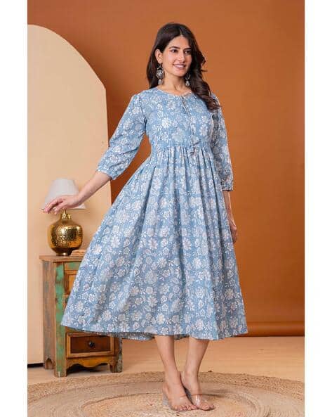 JAIMINI Women Floral Print Flared Dress with Tie-Up