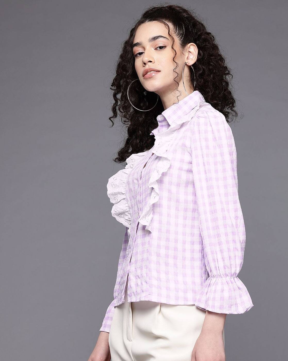 Women Checked Shirt with Spread Collar