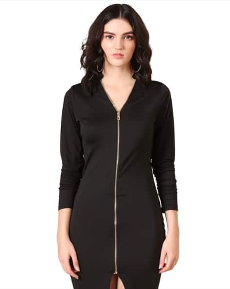 black bodycon dress with front zipper NEW LOOK BLACK MIDI ZIP FRONT BODYCON DRESS