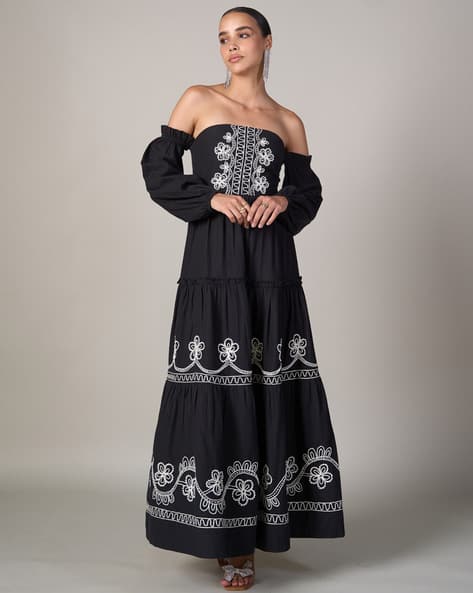 sachin and babi light blue dress Long Black Siren Dress with Embroidered Off-Shoulder Details  ALBINA DYLA