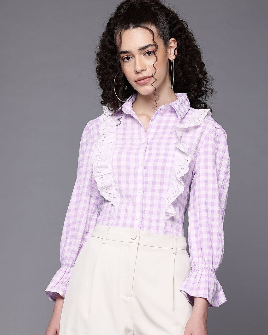 Women Checked Shirt with Spread Collar