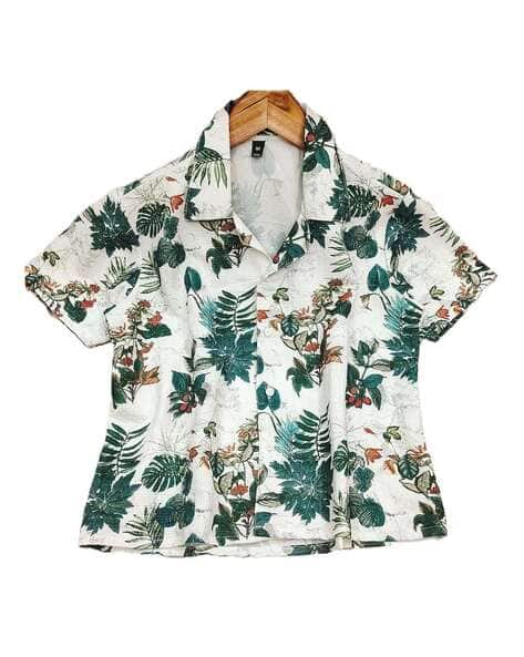Zilcon Women Leaf Print Loose Fit Button-Front Top