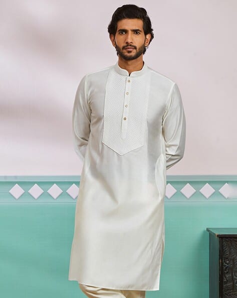 Men Regular Fit Long Kurta with Mandarin Collar