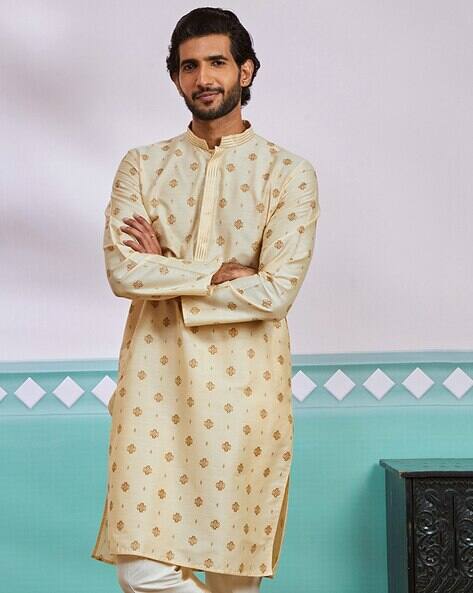 Men Printed Regular Fit Long Kurta with Mandarin Collar