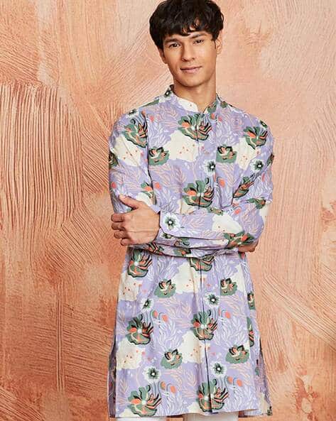 Men Printed Regular Fit Long Kurta with Mandarin Collar
