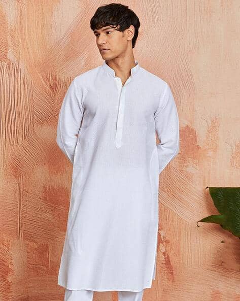 Men Regular Fit Long Kurta with Mandarin Collar