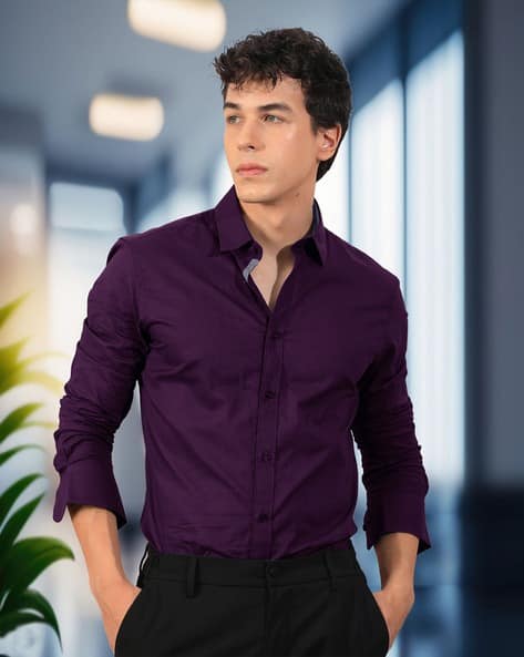 mens dark purple dress shirt Men's Satin Convertible Cuff Regular Fit in With Tie And Pocket Square 16 34/35 / Purple Please wash it with similar colors. Dark purple business shirt
