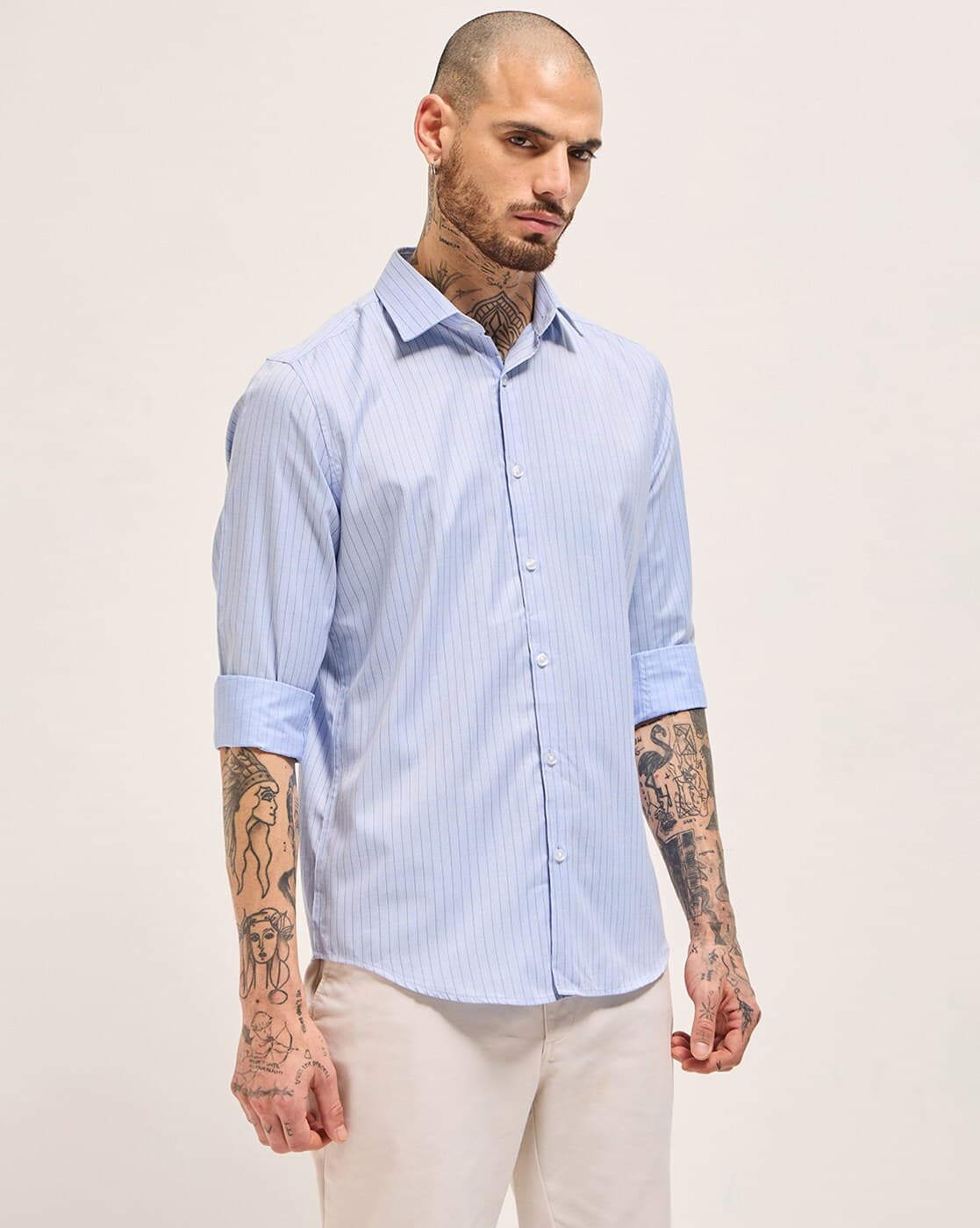 THE BEAR HOUSE Stripes Tailored Fit Shirt For Men (Blue, L)