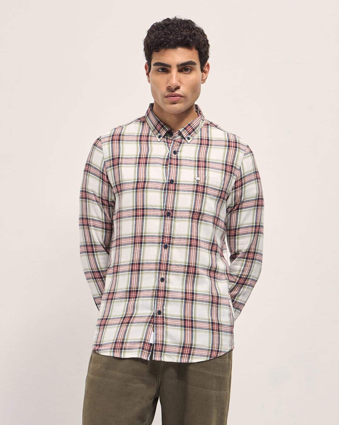 THE BEAR HOUSE Button Down Collar Checks Slim Fit Shirt For Men (Multi, M)