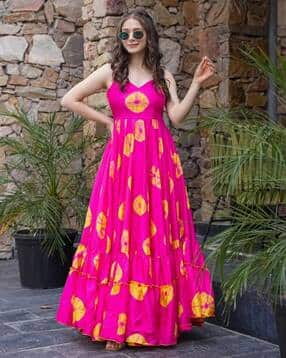 svaraa Women Floral Print Anarkali Kurta Dress with V-Neck-picture-42