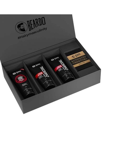 Beardo Charcoal 4-In-1 Combo with Face Wash Face Scrub Peel off Mask & Charcoal Soap