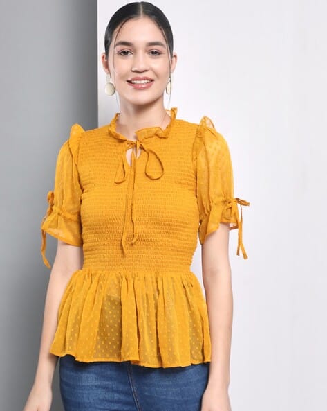 Fyre Rose Women Smocked Regular Fit Top with Neck Tie-Up