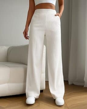 fashion booms Women Ribbed Relaxed Fit Flat-Front Trousers-picture-10