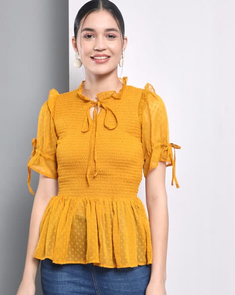 LEIA Women Regular Fit Embroidered Top with Tie-Up Collar Neck
